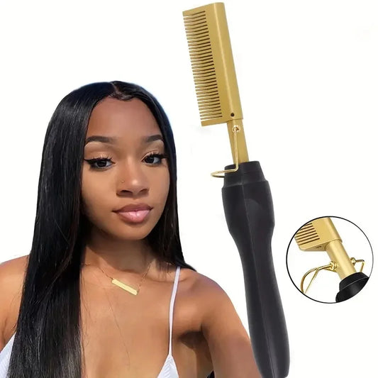 High-Heat Ceramic Pressing Comb for Sleek, Straight Hair with Ergonomic Handle and Adjustable Temperature Settings