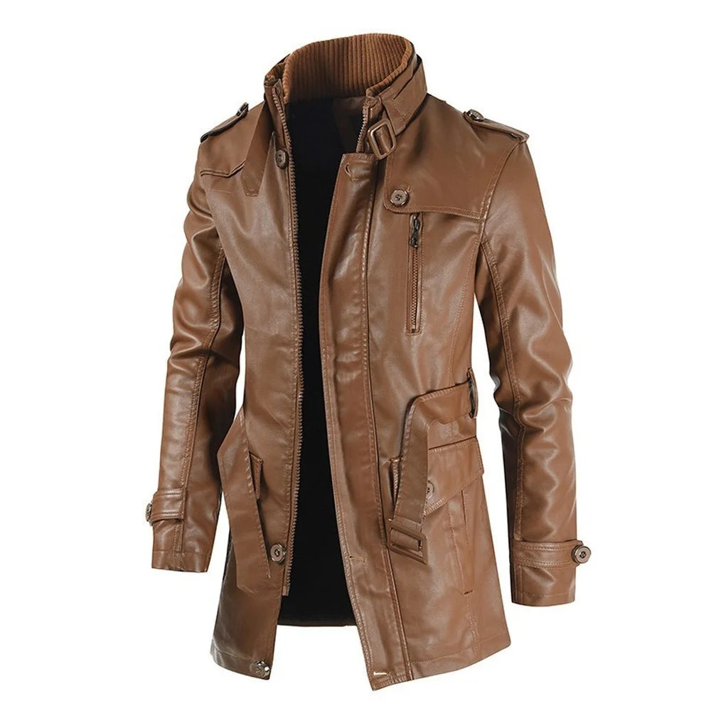 Men's Long Faux Leather Jacket with Stand Collar and Multiple Pockets