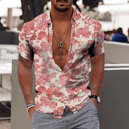 "Men's Tropical Print Short Sleeve Casual Button-Up Shirt with Relaxed Fit"