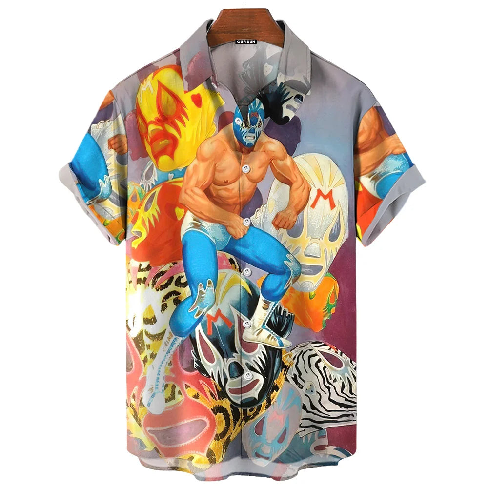 Short-Sleeve Hawaiian Shirt with Lucha Libre Wrestler Print and Button-Up Design