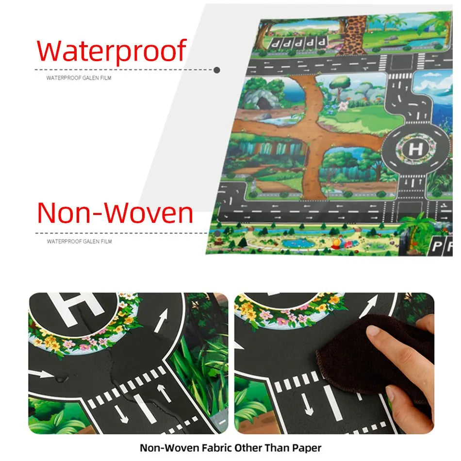 Interactive Dino Park Play Mat for Kids with Roads, Dinosaurs, and Vehicles - 100x130 cm