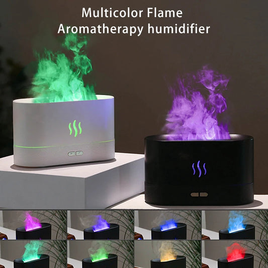 Aromatherapy Humidifier with Multicolor Flame Effect and Adjustable Mist Levels for Relaxation and Air Purification in Home and Office Settings