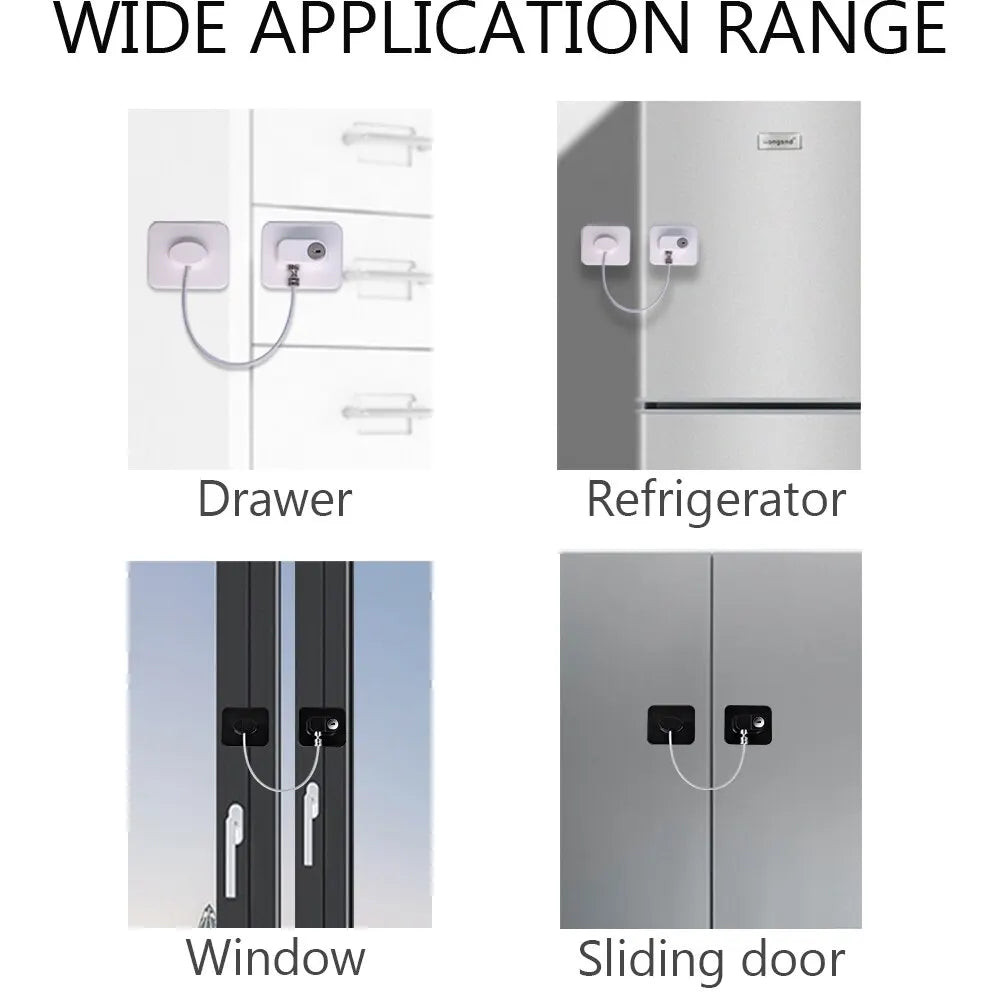 Refrigerator and Cabinet Lock with Steel Cable and Keyed Mechanism for Enhanced Security and Child Safety, Easy Adhesive Installation