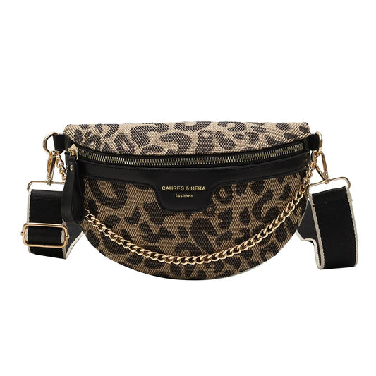 Leopard Print Canvas Satchel with Gold Chain Accent and Adjustable Shoulder Strap