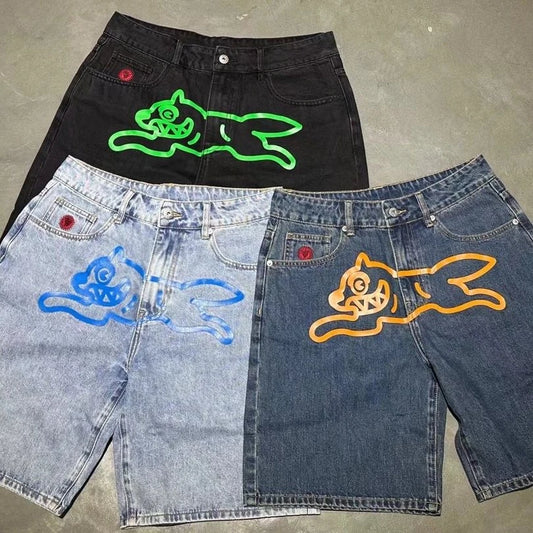 Men's Streetwear Denim Shorts with Vibrant Graphic Cat Print and Embroidered Accents