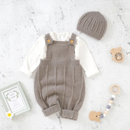 Handcrafted Knit Overalls with Matching Beanie and Long-Sleeve Top for Infants