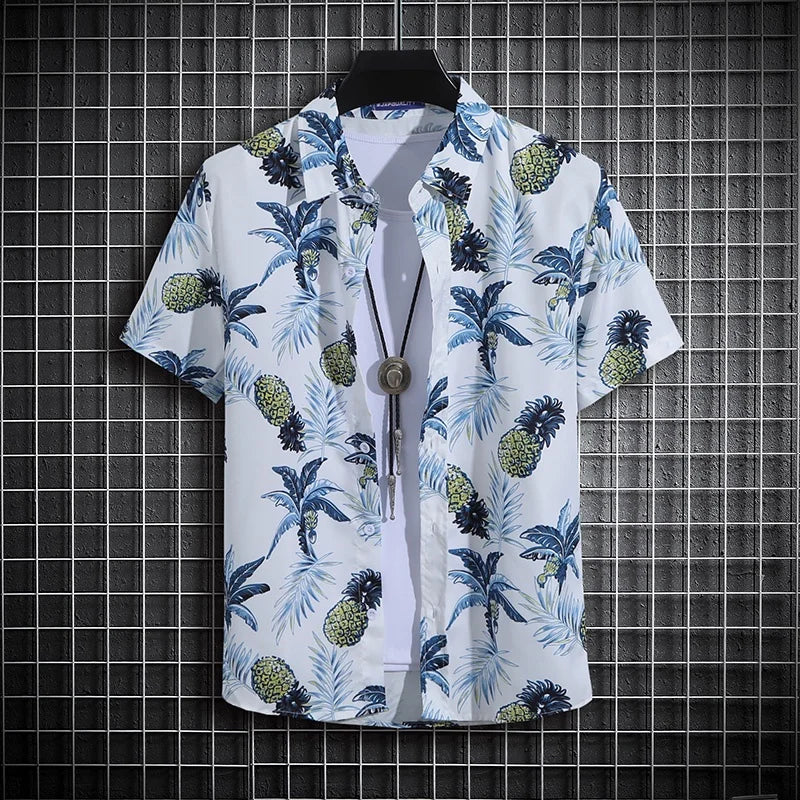 Tropical Print Short Sleeve Unisex Hawaiian Shirt with Pineapple and Palm Tree Design