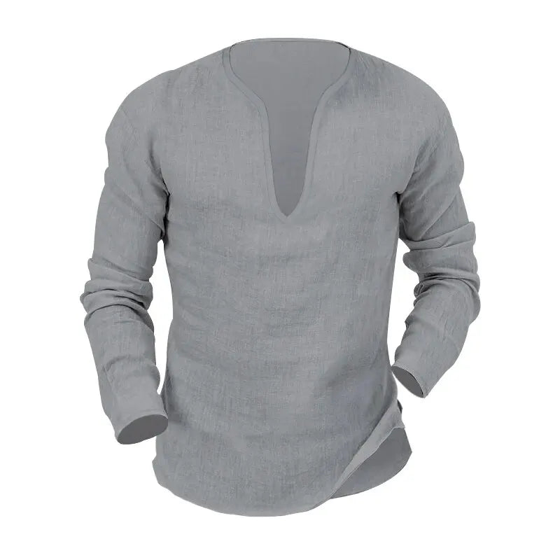 Men's Long-Sleeve V-Neck Casual Linen Shirt for a Relaxed and Stylish Look