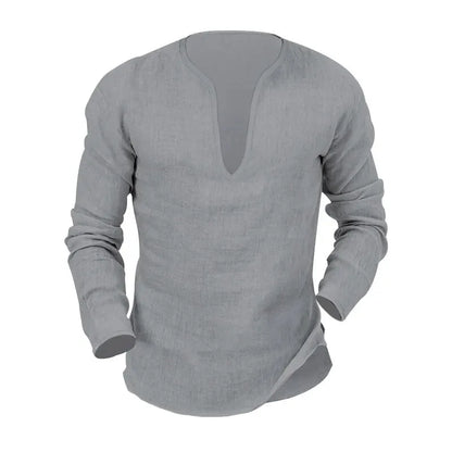 Men's Long-Sleeve V-Neck Casual Linen Shirt for a Relaxed and Stylish Look