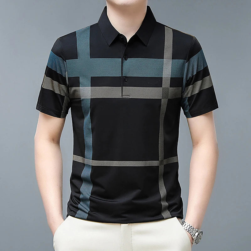 Men's Striped Short Sleeve Polo Shirt with Button Placket and Classic Fit Design