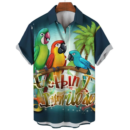 Vintage Surf and Palm Tree Print Short-Sleeve Hawaiian Shirt with Button-Up Closure and Turn-Down Collar