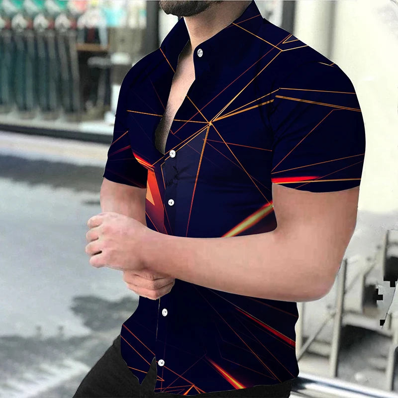 "Men's Short Sleeve Button-Up Shirt with Modern Geometric Print and Slim Fit Design"