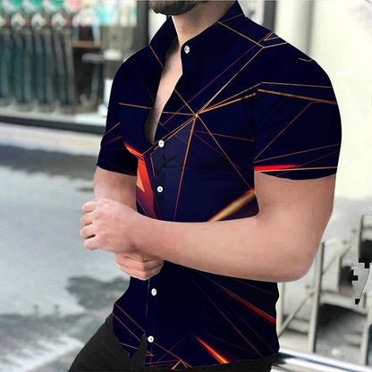 "Men's Short Sleeve Button-Up Shirt with Modern Geometric Print and Slim Fit Design"