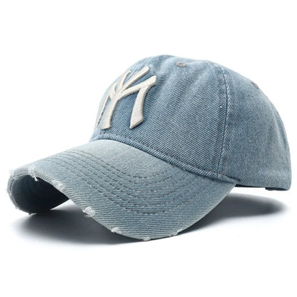 Distressed Denim Baseball Cap with Embroidered Initials and Adjustable Strap for Trendy Casual Wear