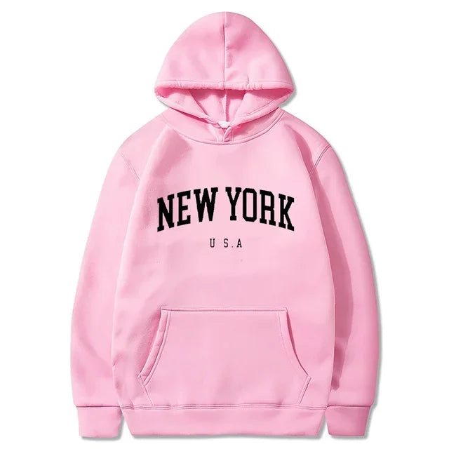 New York USA Graphic Hoodie with Kangaroo Pocket and Ribbed Cuffs for Urban Casual Style