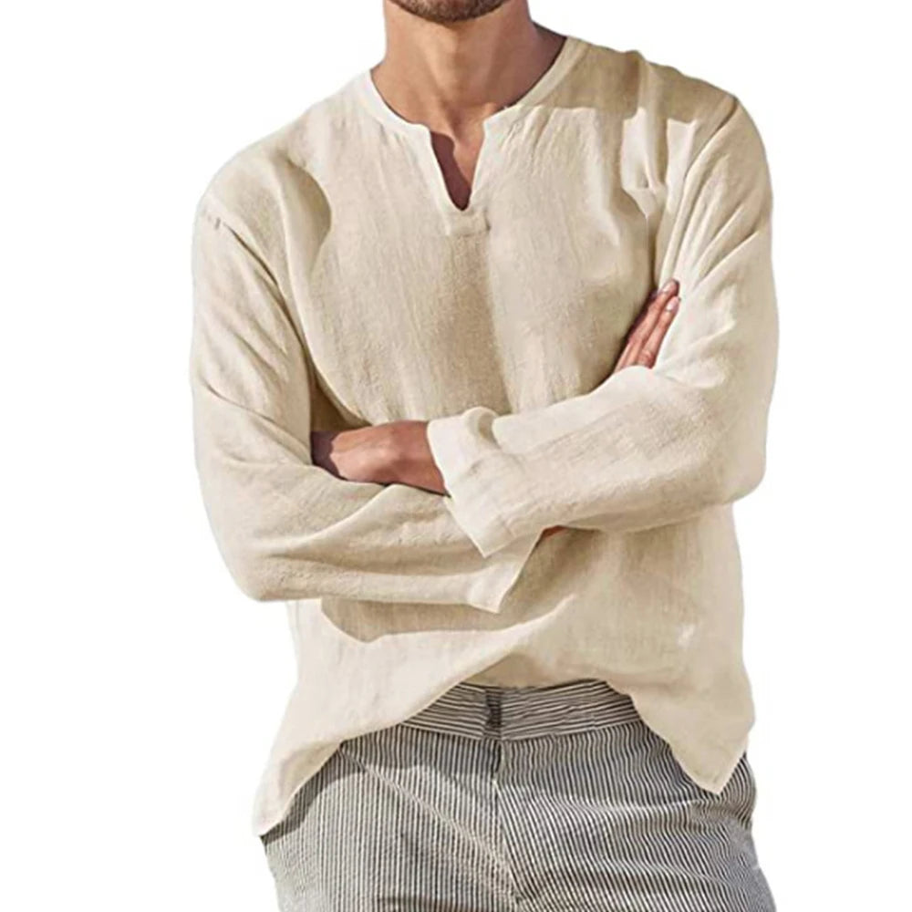 Men's long sleeve linen shirt with split V-neck and relaxed fit for breathable casual wear