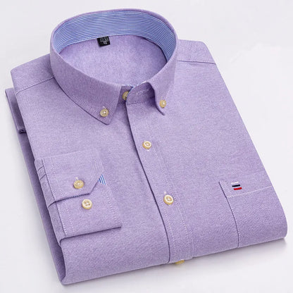 Premium Cotton Button-Down Oxford Shirt with Striped Collar Detail, Long Sleeves, and Classic Chest Pocket Design for Men.