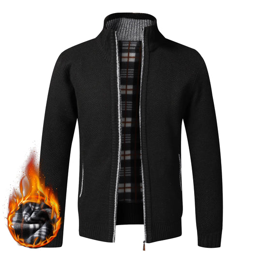 Men's Thermal Knit Cardigan with Zipper Closure, Plaid Fleece Lining, and Stand-Up Collar for Enhanced Warmth and Comfort