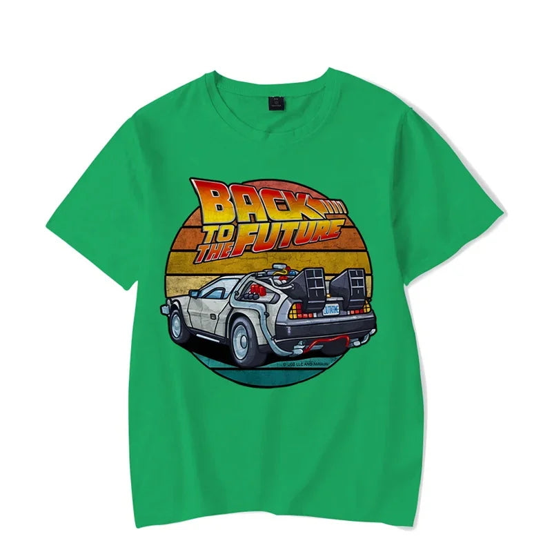 Men's Short Sleeve Retro Graphic T-Shirt Featuring Iconic Car Design and Nostalgic "Back to the Future" Theme