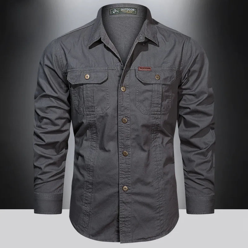 "Men's Long-Sleeve Outdoor Utility Shirt with Double Chest Pockets and Button-Up Closure"