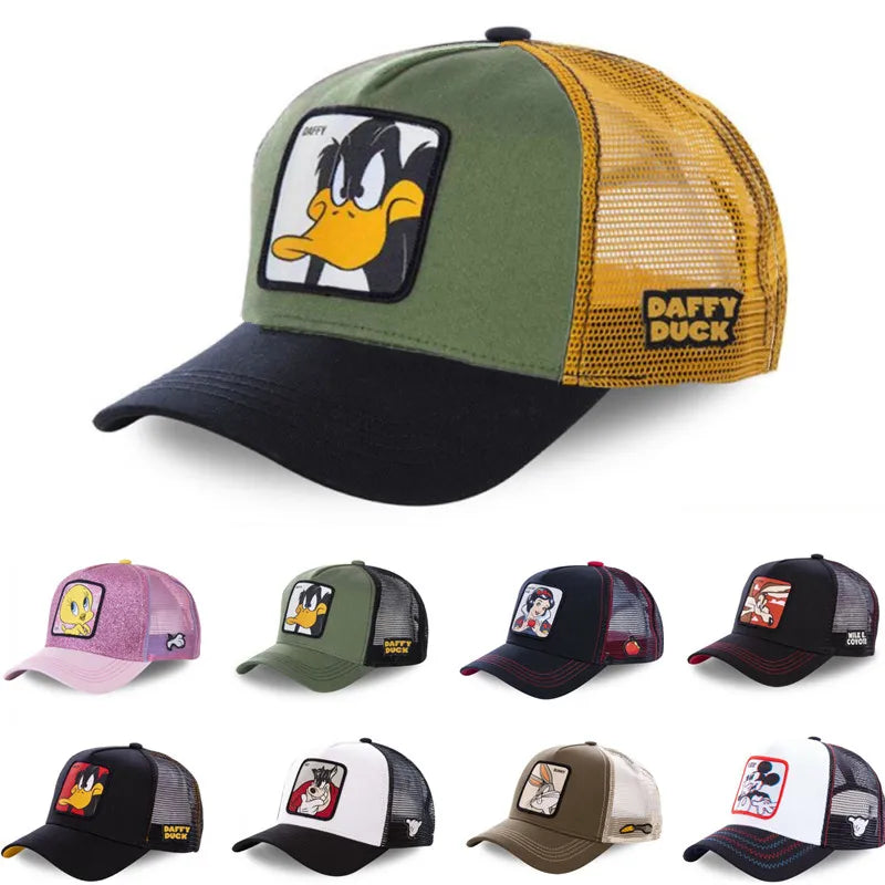 Cartoon Character Mesh-Back Trucker Hat with Adjustable Strap and Embroidered Patch Design