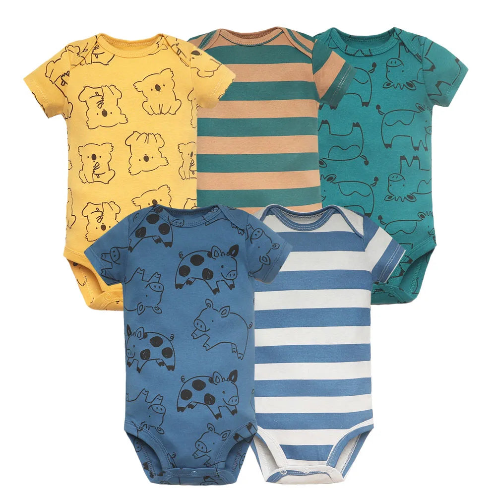 Baby Animal Print and Striped Short Sleeve Bodysuits – Soft Cotton Onesies for Infants, Pack of Five with Adorable Designs and Easy Snap Closure