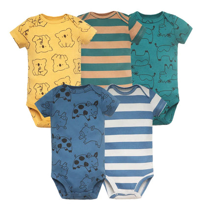 Baby Animal Print and Striped Short Sleeve Bodysuits – Soft Cotton Onesies for Infants, Pack of Five with Adorable Designs and Easy Snap Closure