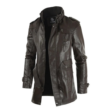 Men's Long Faux Leather Jacket with Stand Collar and Multiple Pockets