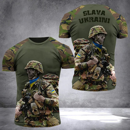 Men's Short Sleeve T-Shirt with Ukrainian Emblem and Flag Design, Featuring Military-Inspired Aesthetics and Patriotic Details