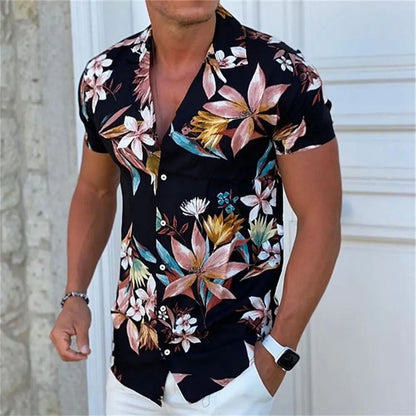 Men's Tropical Print Casual Short Sleeve Button-Down Shirt with Deep V-Neck Design