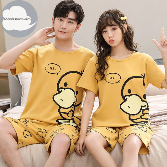 Adorable Duck Print Couples Pajama Set with Short Sleeves and Matching Shorts for Cozy and Fun Sleepwear