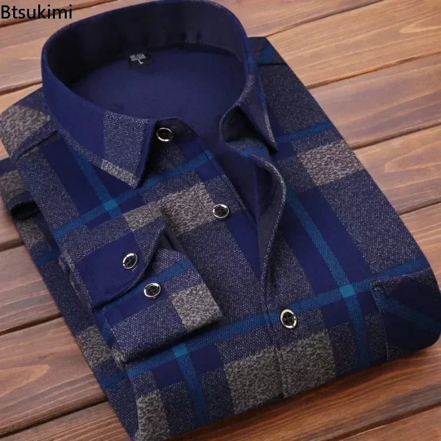 Men's Warm Plaid Shirt with Fleece Lining, Long-Sleeve Button-Down Casual Shirt, Perfect for Autumn and Winter