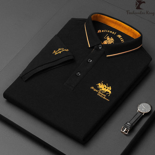 Men's Polo Shirt with Embroidered Equestrian Logo, Contrast Inner Collar, and Button Placket Design