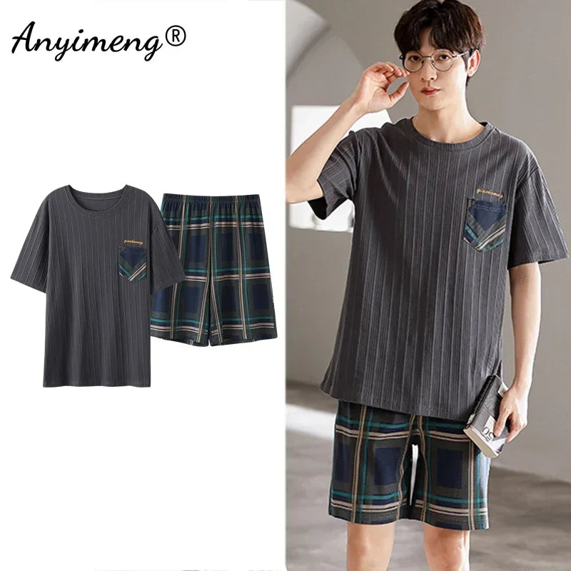 Men's Summer Plaid Pajama Set with Short Sleeve Top and Elastic Waist Shorts Featuring Chest Pocket and Comfortable Fit