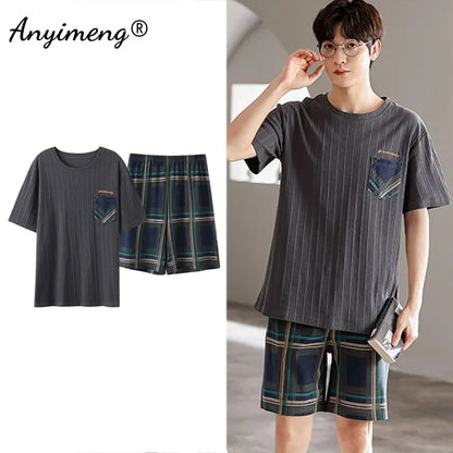 Men's Summer Plaid Pajama Set with Short Sleeve Top and Elastic Waist Shorts Featuring Chest Pocket and Comfortable Fit