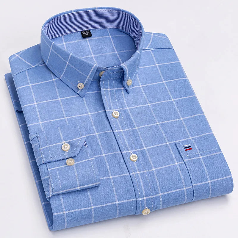 Premium Cotton Button-Down Oxford Shirt with Striped Collar Detail, Long Sleeves, and Classic Chest Pocket Design for Men.