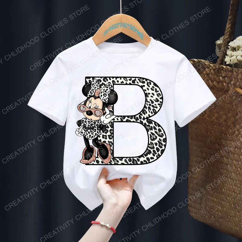 Minnie Mouse Leopard Print Alphabet Graphic T-Shirt for Kids – Trendy and Fun Summer Wear