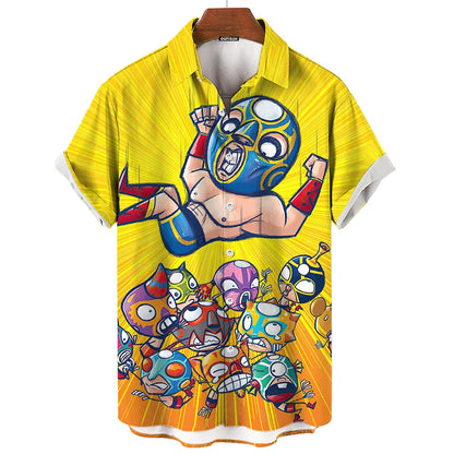 Short-Sleeve Hawaiian Shirt with Lucha Libre Wrestler Print and Button-Up Design