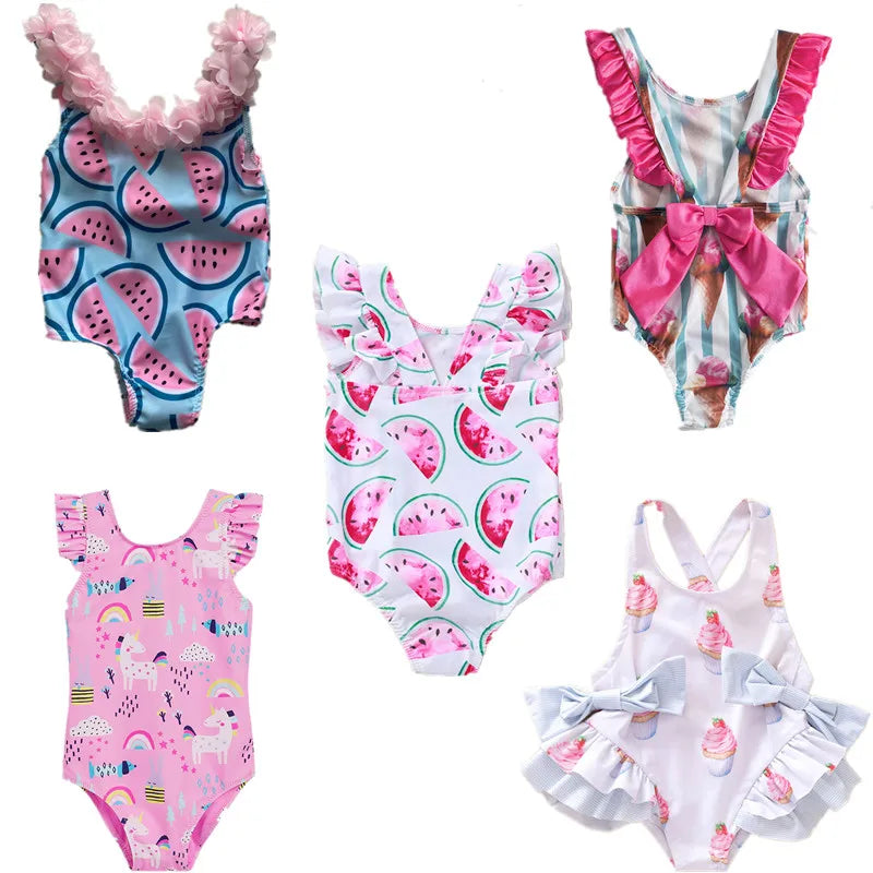 Cute and Stylish Baby Girl Swimsuits with Fun Fruity and Ice Cream Prints - Adorable Ruffle and Bow Detailing for Summer Beach and Pool Wear - Comfortable and Quick-Drying Fabric