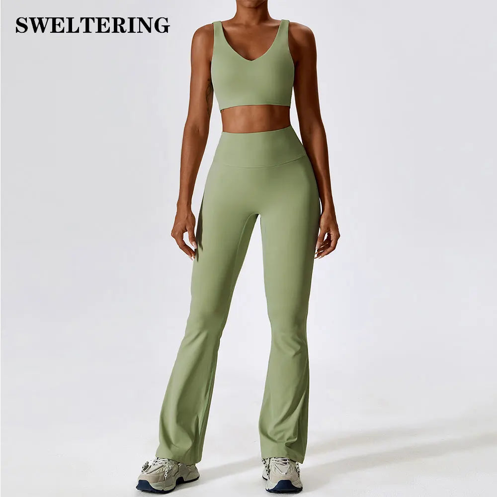 Square-Neck Long-Sleeve Yoga Set for Women with High-Waist Flared Leggings and Thumb Hole Details