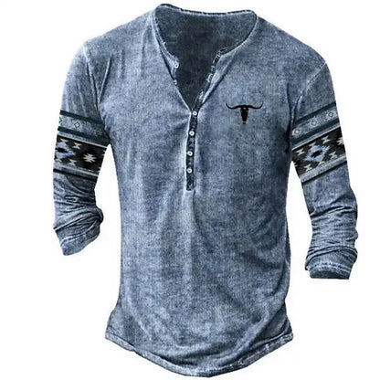 Men's Long Sleeve Button-Up Henley Shirt with Tribal Print and Yellowstone Dutton Ranch Logo