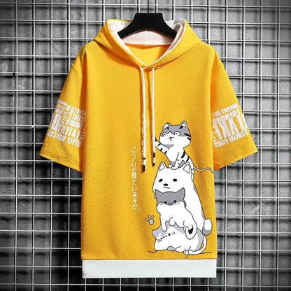 Men's Short-Sleeve Hoodie with Adorable Cartoon Cat Print, Adjustable Drawstring, and Stylish Text Details on Sleeves for Casual Wear