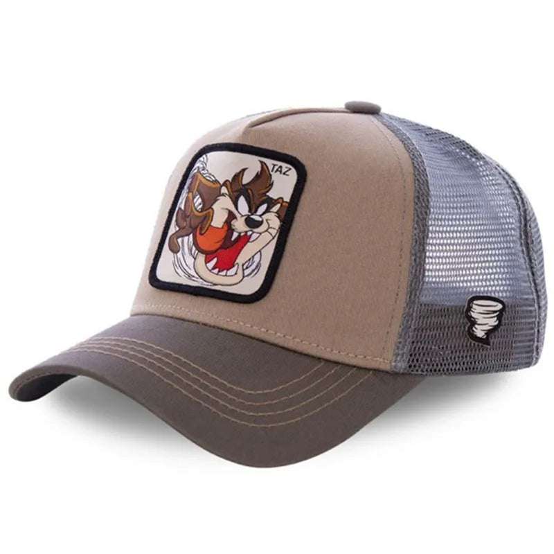 Cartoon Character Mesh-Back Trucker Hat with Adjustable Strap and Embroidered Patch Design