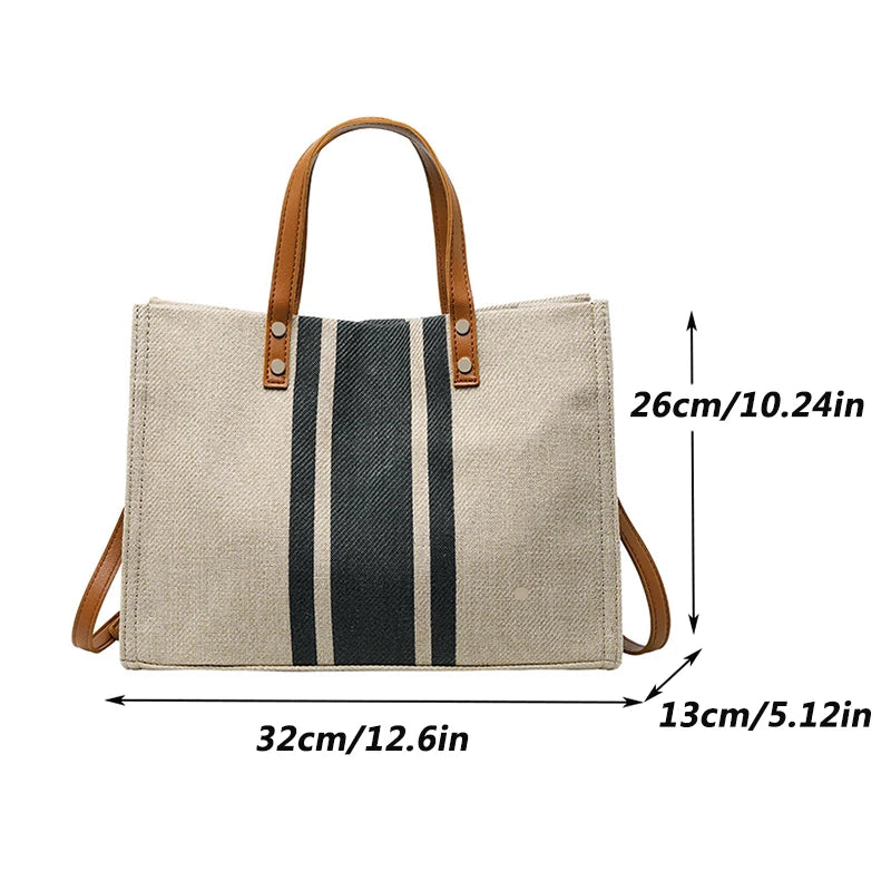 Striped Jute Tote Bag with Leather Handles and Brass Stud Accents for Women