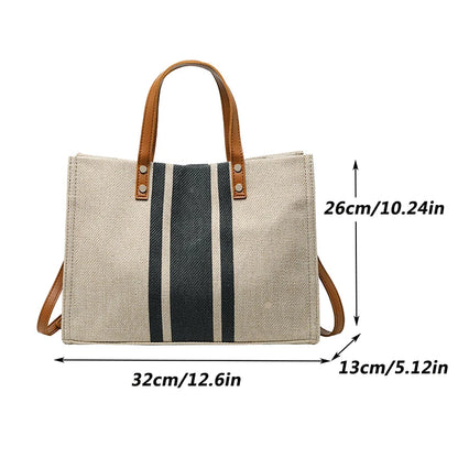 Striped Jute Tote Bag with Leather Handles and Brass Stud Accents for Women