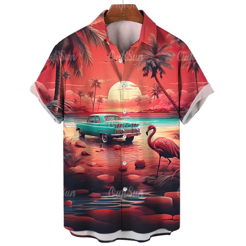 Vintage Surf and Palm Tree Print Short-Sleeve Hawaiian Shirt with Button-Up Closure and Turn-Down Collar