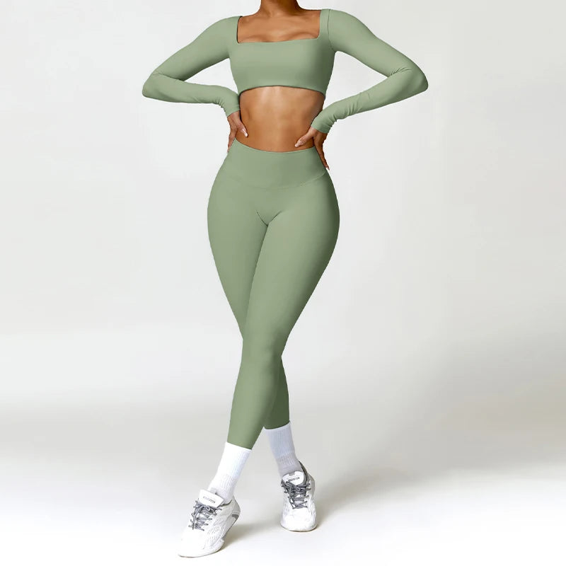 Versatile Yoga Set for Women with Long-Sleeve Crop Top, High-Waist Leggings, and Shorts Options