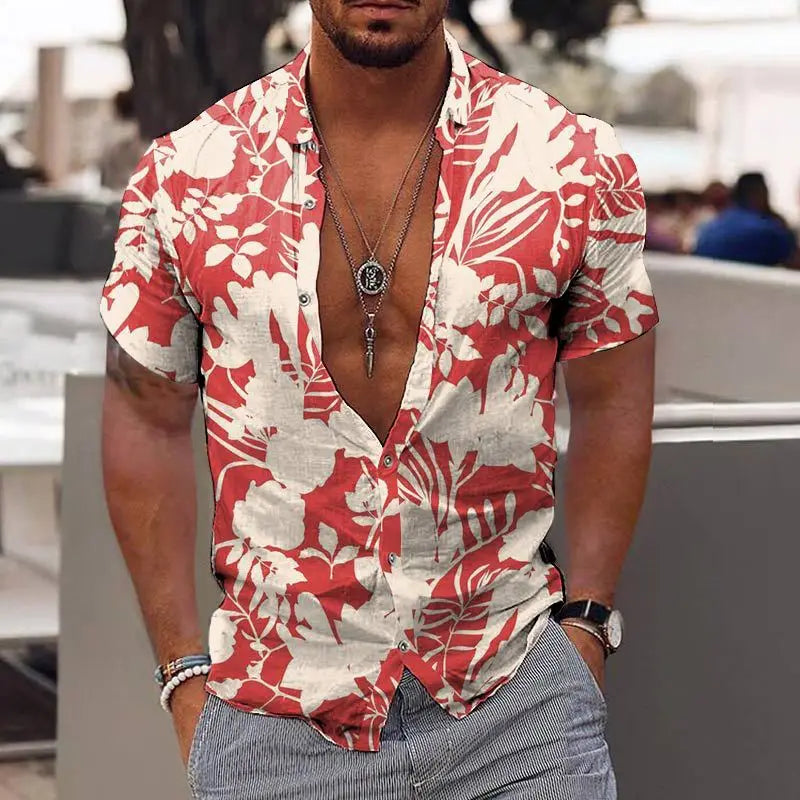 Men's Tropical Print Casual Short Sleeve Button-Down Shirt with Deep V-Neck Design