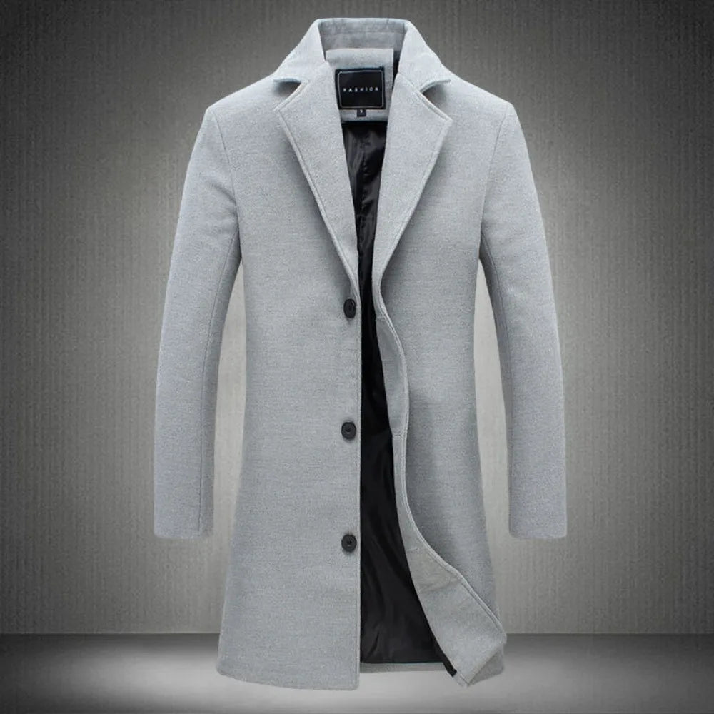 Men's Long Wool Blend Overcoat with Notched Lapel, Single-Breasted Closure, and Full-Length Sleeves for a Sophisticated and Warm Autumn and Winter Look