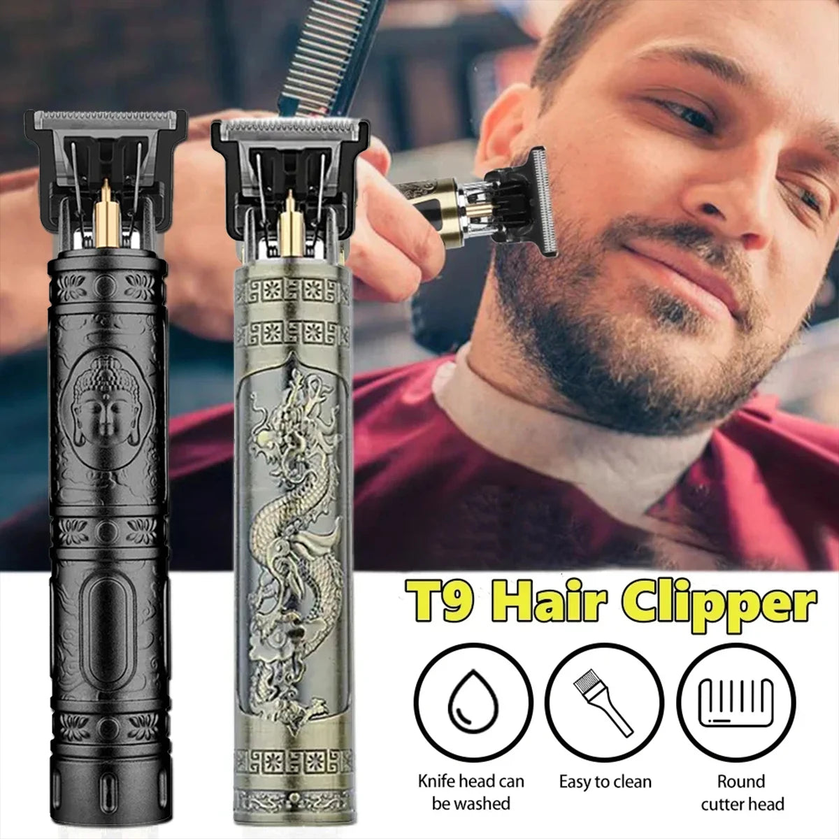 T9 Hair Clipper with Intricate Engraved Design, Washable Blade, and Easy-to-Clean Round Cutter Head for Professional Hair Grooming and Styling